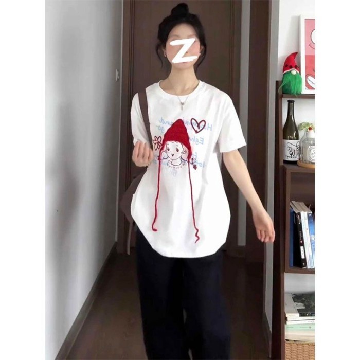 Áo thun ngắn tay dệt kim ba chiều Cô bé quàng khăn đỏ ngọt ngào và dễ thương dáng rộng giản d