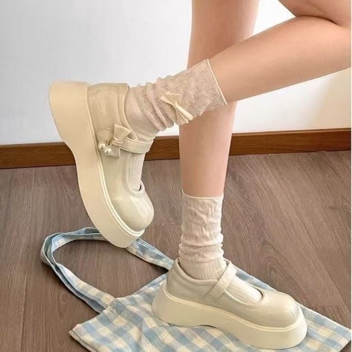 Giày da nhỏ Mary Jane dành cho nữ phong cách Anh quốc nơ đế dày tăng chiều cao đa năng Giày p