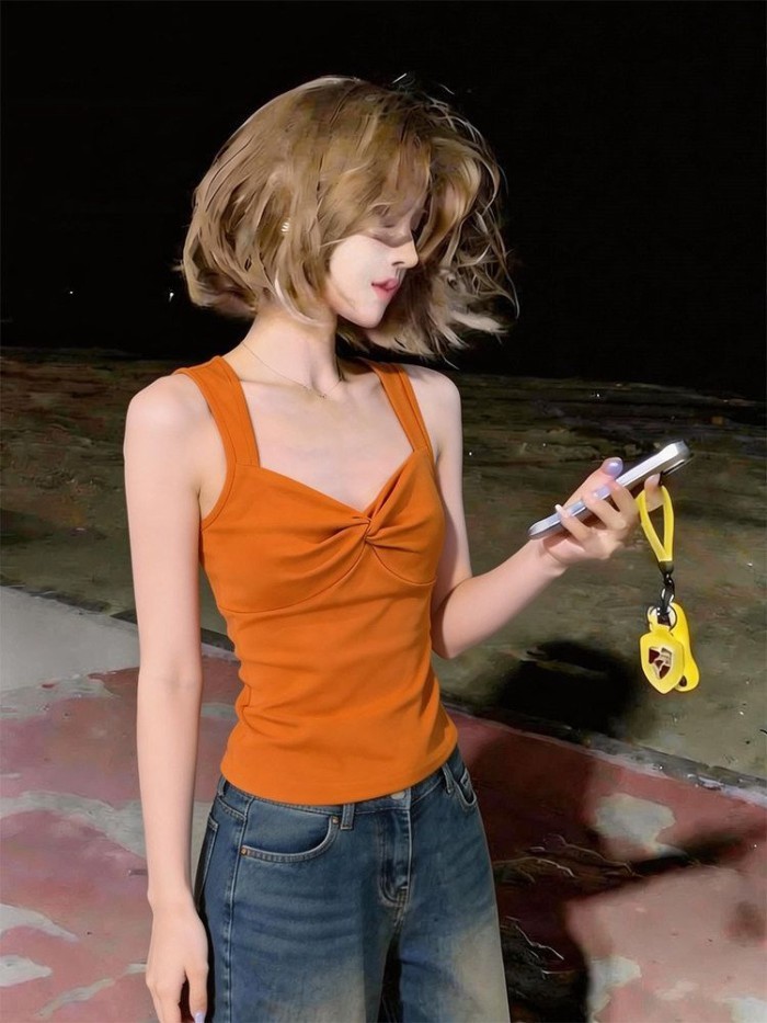 Lan ~ Áo yếm màu cam Kinked đẹp mắt dành cho nữ đầu mùa hè có thể mặc bên ngoài Slim-fit Crop Eo Áo không tay