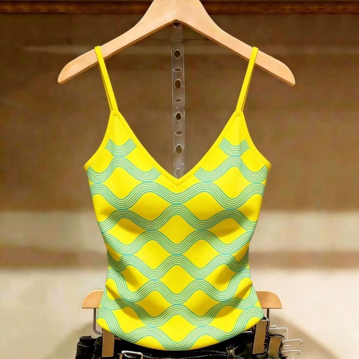 Lan ~ Áo yếm kiểu Pháp Mùa hè Phong cách mới không tay Slim-fit Phong cách phương Tây In đáy Top phù hợp