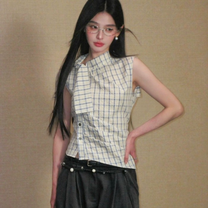 Áo sơ mi kẻ sọc cổ cao cột dây eo không tay phong cách Hàn Quốc giảm béo khí chất áo slim fit