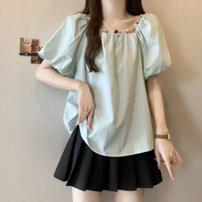 Pháp mỏng đính cườm bong bóng dây đeo tay ngắn cổ áo sơ mi cổ vuông ngọt ngào mùa hè mới búp bê