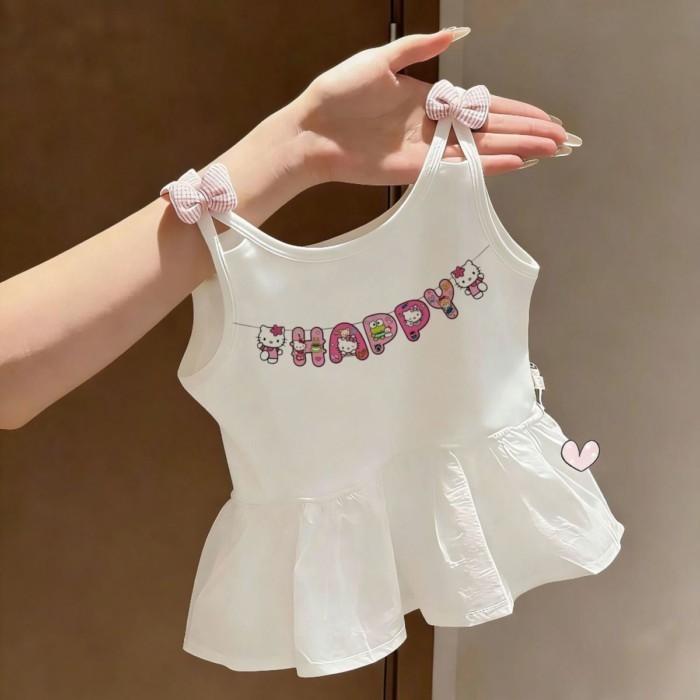 Mùa Hè Mới Phong Cách Hoạt Hình Phong Cách Bé Gái Quần Áo Trẻ Em Bé Nơ Dễ Thương Vest Không Tay