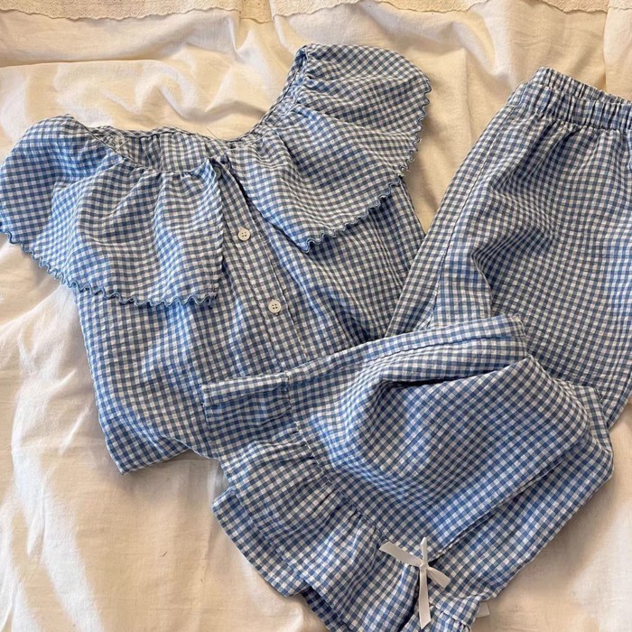 Bộ đồ len kẻ sọc ngọt ngào cao cấp Hàn Quốc Bộ đồ ngủ cardigan cổ búp bê dễ thương rộng rãi v