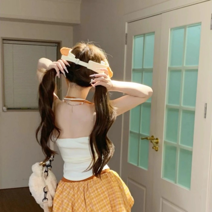 Yuanqi ngọt ngào thú cưng mùa hè hot girl kẻ sọc váy ngắn dopamine nữ