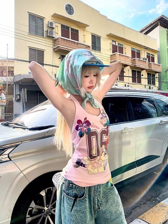 Áo vest hở lưng cổ yếm in hoa của Mỹ dành cho các cô nàng nóng bỏng mùa hè Giảm béo áo không