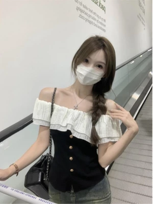 Áo thun ngắn tay nhún bèo một vai kiểu Pháp Áo crop top dáng ôm cài cúc cho nữ