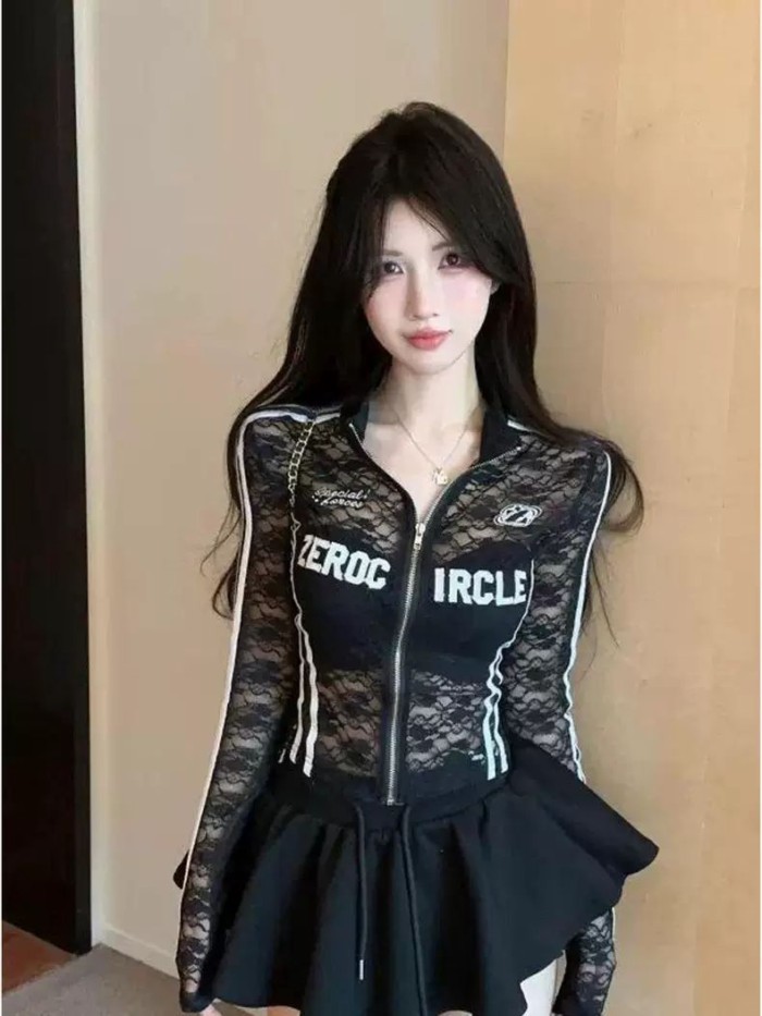 Áo len cardigan ren xuyên thấu kiểu Mỹ có cổ đứng dài tay dáng ôm mùa hè dành cho nữ