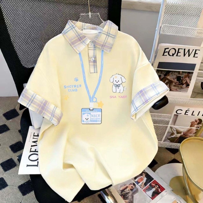 màu tương phản áo sơ mi polo có ve áo ngắn tay mùa hè nữ kẻ sọc khâu niche top