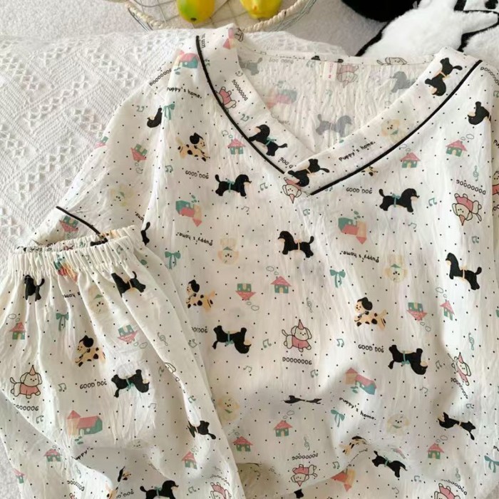 Bộ Đồ Ngủ Trẻ Em Nữ Mùa Hè Đám Mây Mỏng Cotton Dễ Thương Mèo KT Điều Hòa Không Khí Phù Hợp Vớ