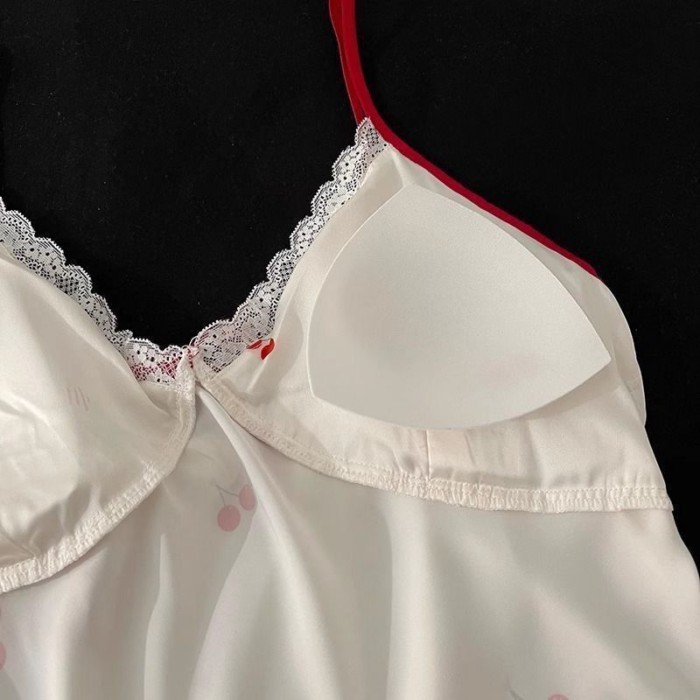 Mới In Anh Đào Ice Silk Suspender Bộ Đồ Ngủ Có Miếng Đệm Mút Mùa Hè Thoáng Mát Bộ Đồ Ngủ Nữ M