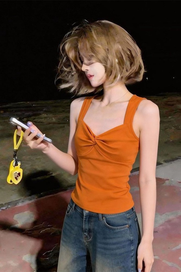 Lan ~ Áo yếm màu cam Kinked đẹp mắt dành cho nữ đầu mùa hè có thể mặc bên ngoài Slim-fit Crop Eo Áo không tay
