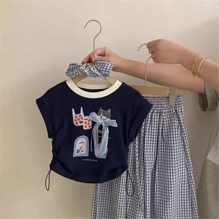 Bé gái mùa hè tay ngắn thời trang mùa hè trẻ em bé gái cổ tròn đa năng áo hoạt hình mùa hè