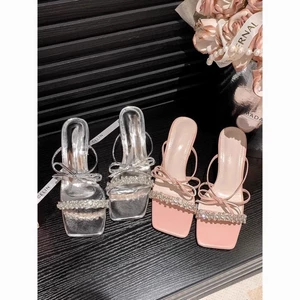 Giày Sandal Mũi Vuông Nơ Kim Cương Giả Giày Sandal Nữ Mùa Hè Pháp Thoải Mái Giày Cao Gót Nữ Mũi Vuô