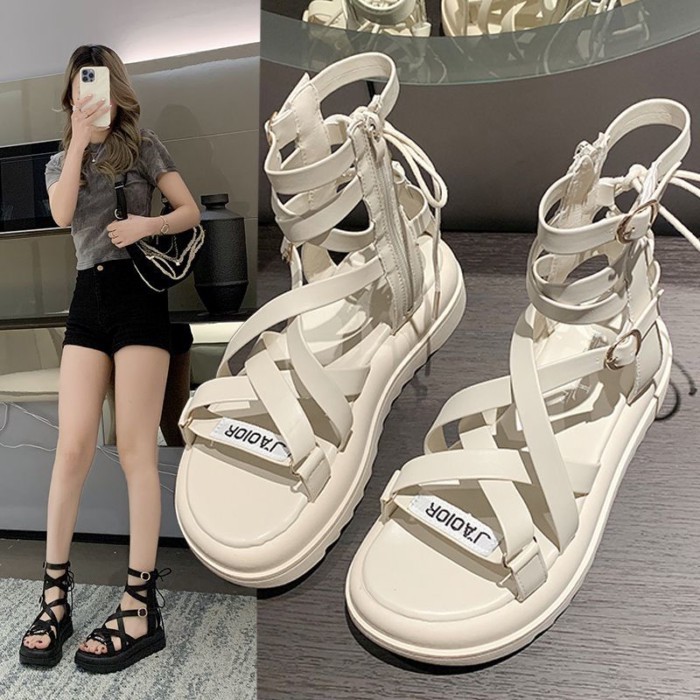 Giày Sandal La Mã Nữ Đế Dày Sinh Viên Đa Năng Niche Pháp Quai Đeo Cổ Tích Cổ Cao-Top Rỗng Xăn