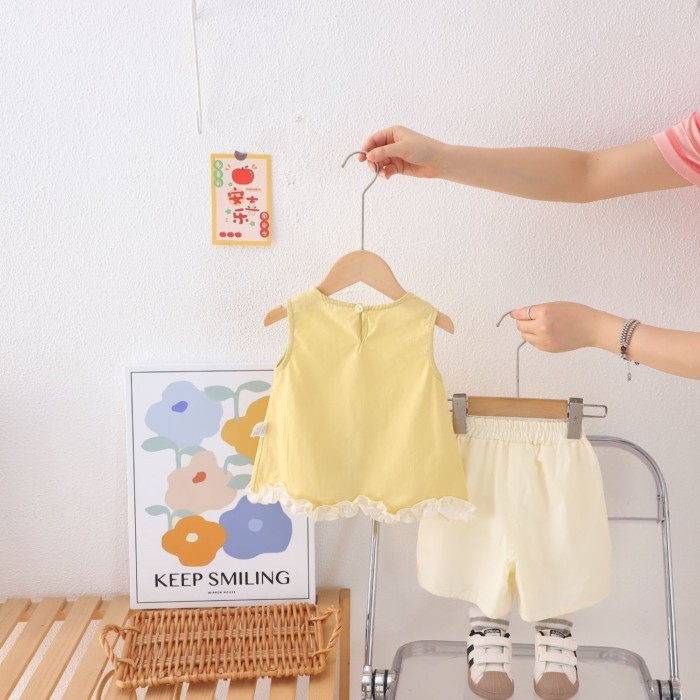 Phong Cách Nữ Xù Không Tay Phối Hoa Quần Short Bộ Đồ Mùa Hè Bé Gái Cotton Nguyên Chất Phong Cách