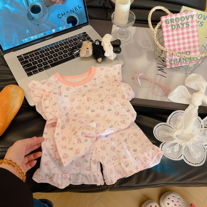 Bộ quần short ngắn tay cotton nguyên chất mùa hè dành cho bé gái vừa và lớn mới mặc ở nhà mặc