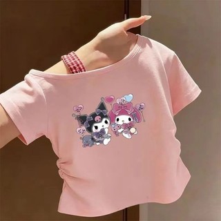 Áo thun ngắn tay cho bé gái Áo trễ vai giảm béo cho trẻ em Áo thun hình mèo Kitty ngọt ngào mùa hè