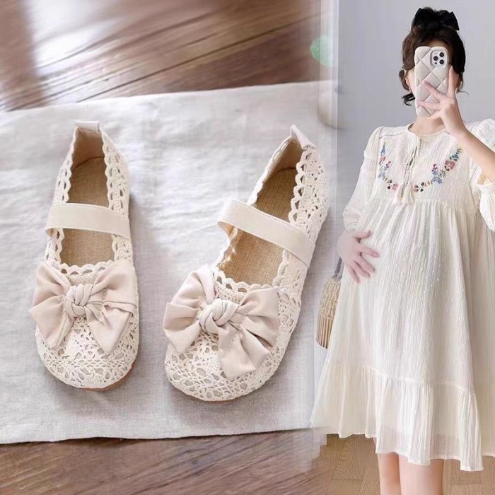 Giày vải mùa hè dành cho nữ có lỗ nơ và giày rỗng dành cho nữ, giày ngư dân và giày đậu dành cho nữ