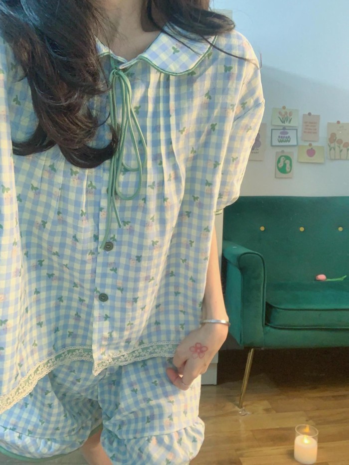Mùa hè mới bộ đồ ngủ cổ búp bê kẻ sọc ngắn tay quần short pyjama phong cách ngọt ngào dễ thươ