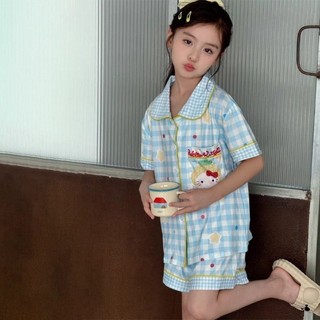 Kẻ Sọc Mèo Kitty Bộ Đồ Ngủ Bé Gái Mùa Hè Mỏng Bé Gái Tay Ngắn Phù Hợp Với Trẻ Em Nhà Quần Áo Áo Kho