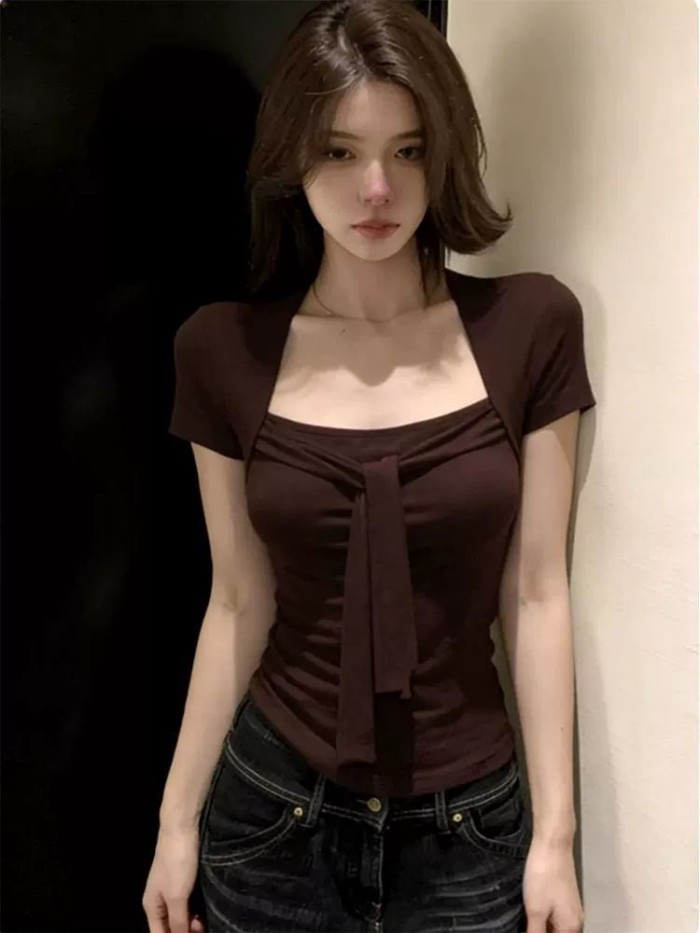 Áo thun ngắn tay cổ vuông thiết kế thời trang Mỹ dành cho nữ mùa hè mới thiết kế hot girl giả