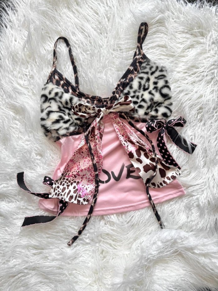 Mỹ retro Shibuya màu hồng nhớ da báo tình yêu chấm bi nơ LVEO in hot girl dây hàng đầu dành c