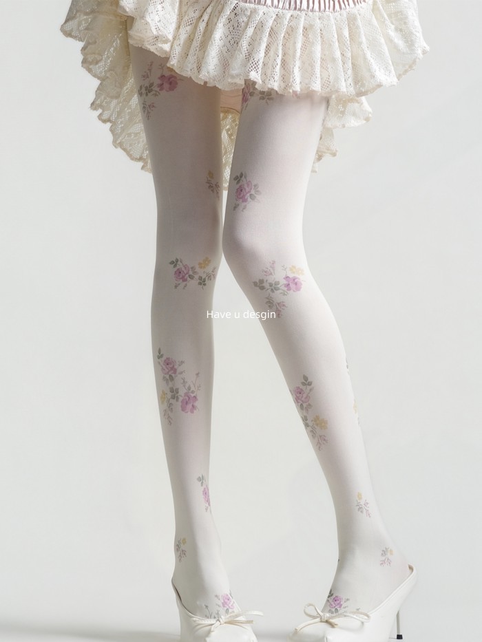 Quần legging trắng nữ họa tiết hoa hồng in nhung, phong cách retro, phù hợp cho mùa xuân