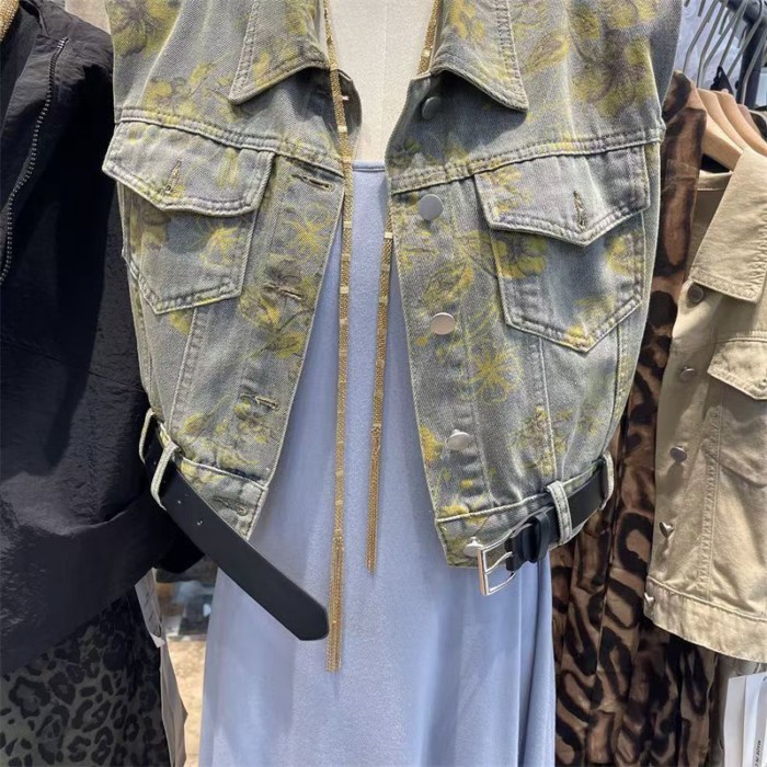Áo vest denim hoa retro, thiết kế ngắn tay, phù hợp mùa hè