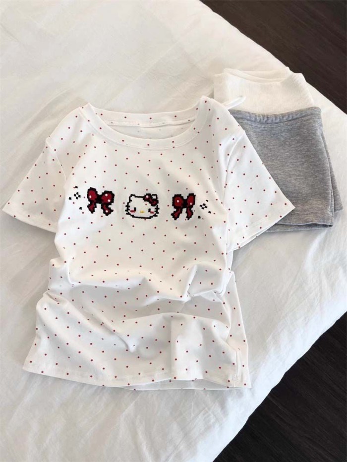 Kitty Bộ đồ ngủ ngắn tay in họa tiết chấm bi màu đỏ dành cho nữ mùa hè Áo thun ngắn tay có thể