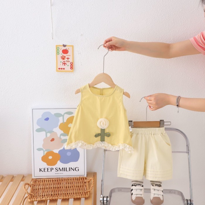 Phong Cách Nữ Xù Không Tay Phối Hoa Quần Short Bộ Đồ Mùa Hè Bé Gái Cotton Nguyên Chất Phong Cách