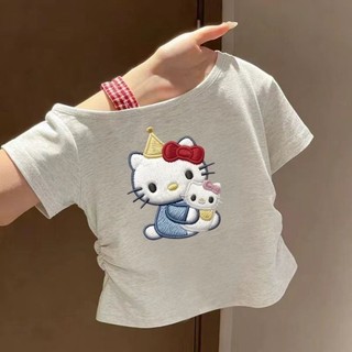 Áo thun ngắn tay cho bé gái Áo trễ vai giảm béo cho trẻ em Áo thun hình mèo Kitty ngọt ngào mùa hè