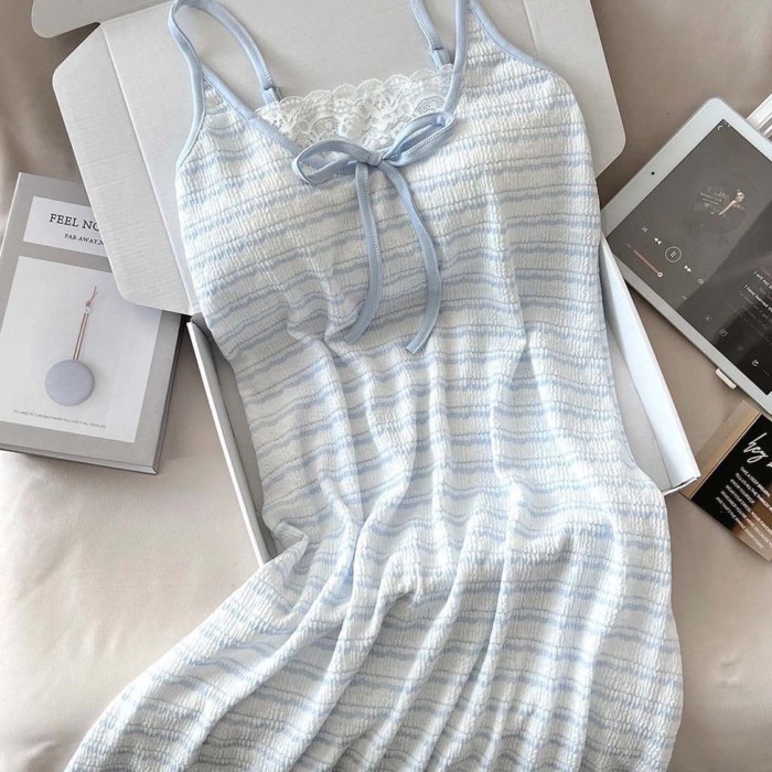 Nguyên Chất Desire Sọc Váy Ngủ Xanh Mùa Hè Gợi Cảm Suspender Mới Ren Có Thể Lộ Nhà Quần Áo Mi