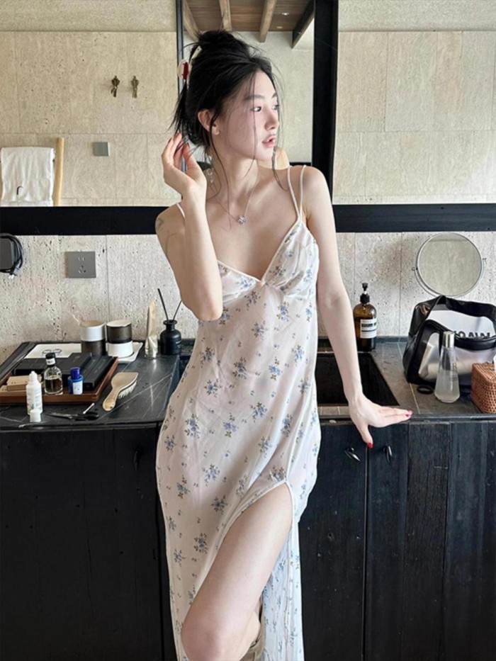Đầm hoa ngọt ngào kiểu Pháp có dây treo váy ngủ dành cho nữ mùa hè thời trang mới gợi cảm Đầm