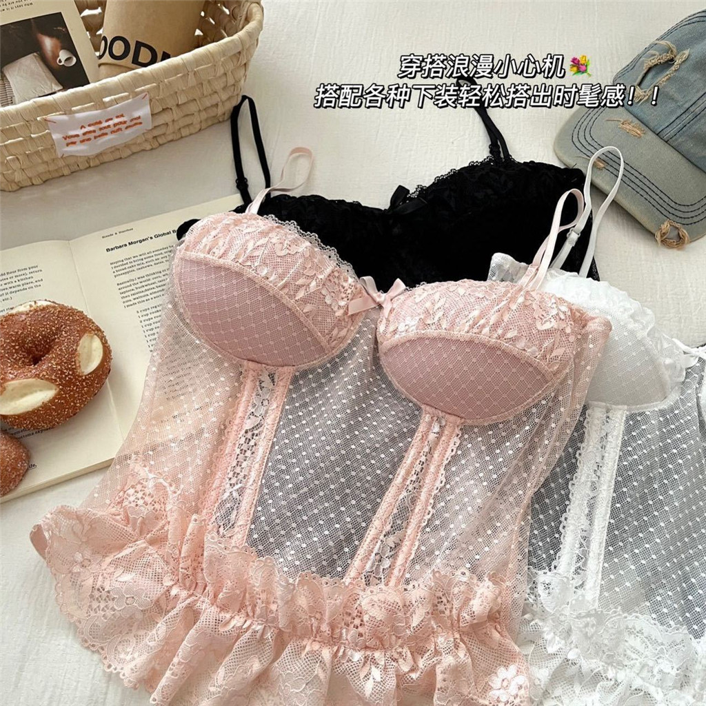 Xương Cá Ống Top Vest Có Miếng Lót Ngực Cô Gái Có Phối Cảnh Gợi Cảm Chấm Bi Lông Tơ Ren Ngọt Ngào Sling