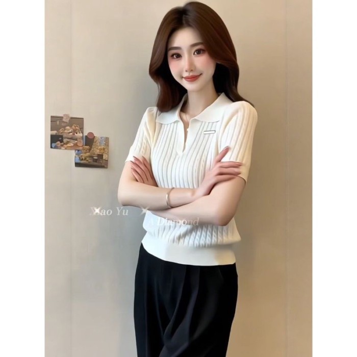 Áo thun polo dệt kim ngắn tay phong cách Hàn Quốc ngọt ngào áo thun nữ mỏng ôm vai phải