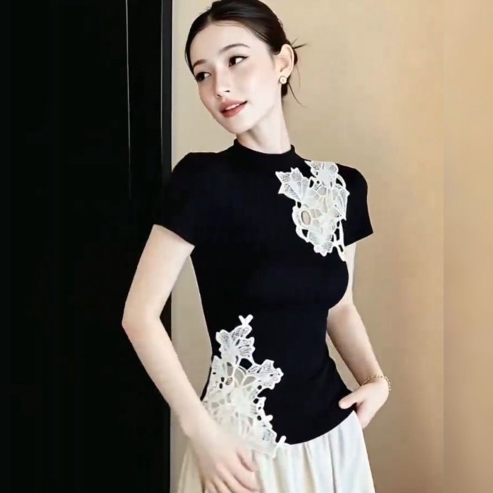 Áo thun ngắn tay phối ren cotton nguyên chất phong cách Trung Hoa mới cho phái đẹp thon gọn tron