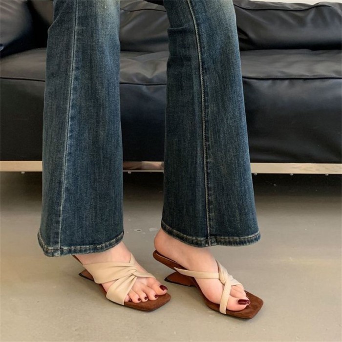 Thời Trang Retro Da Lộn Vuông Mũi Quai Quai Nêm Giày Sandal Nữ Mùa Hè Gót Dày