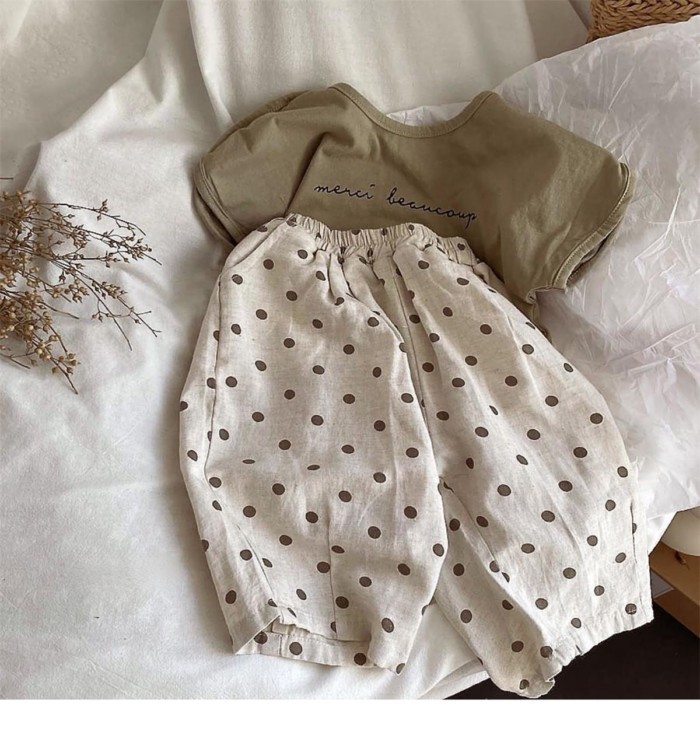 Quần cotton lanh chấm bi bé gái Hàn Quốc, quần ống rộng ống rộng thoải mái cho bé gái mùa hè