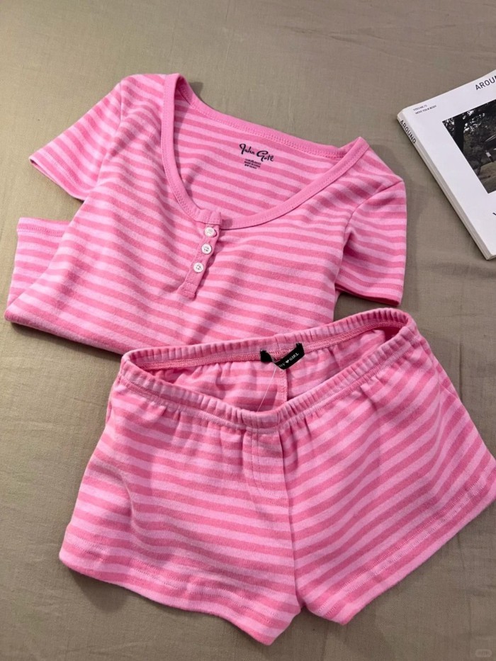 Mỹ nguyên chất ham muốn sọc hồng cổ tròn nút Bộ đồ ngủ cho nữ mùa hè mới quần short ngắn tay