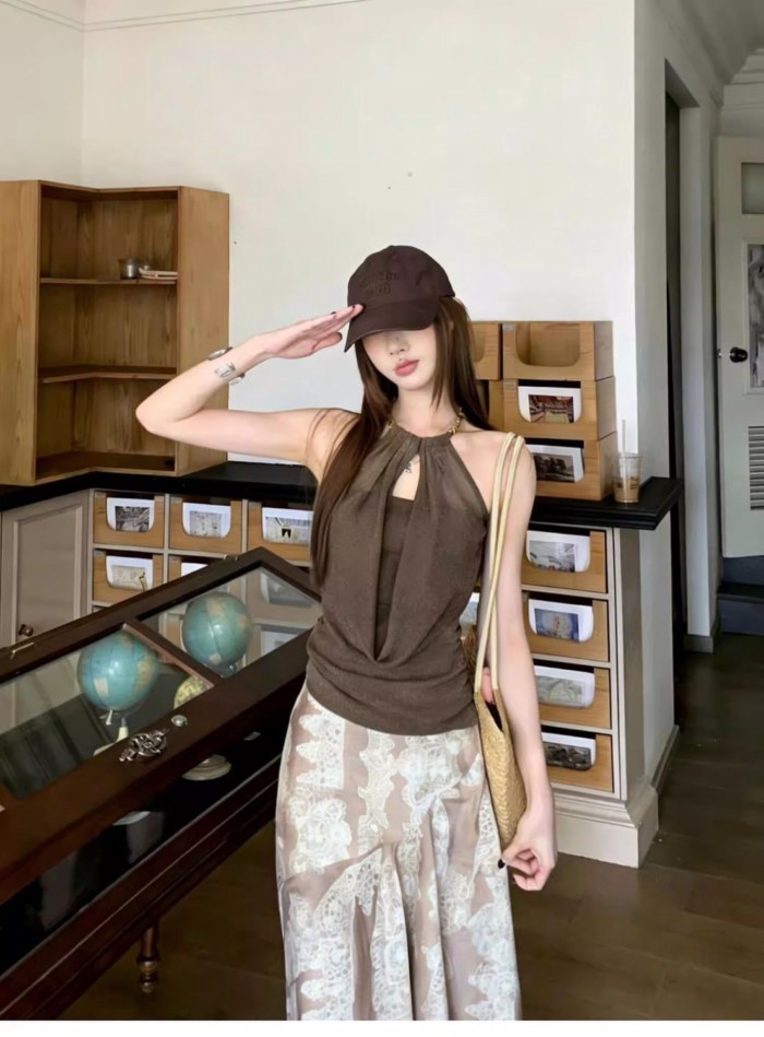 Dây chuyền cổ rỗng áo yếm nữ không tay dây cổ hở lưng áo khoác ngoài độc đáo