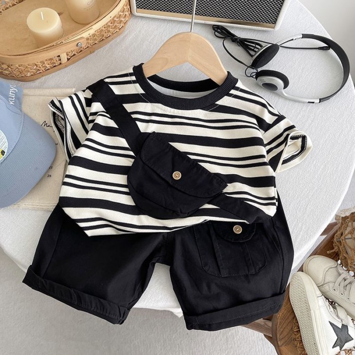 Mùa Hè bé trai sọc ngắn tay phù hợp với bé túi đeo chéo thời trang áo liền quần quần short thườn
