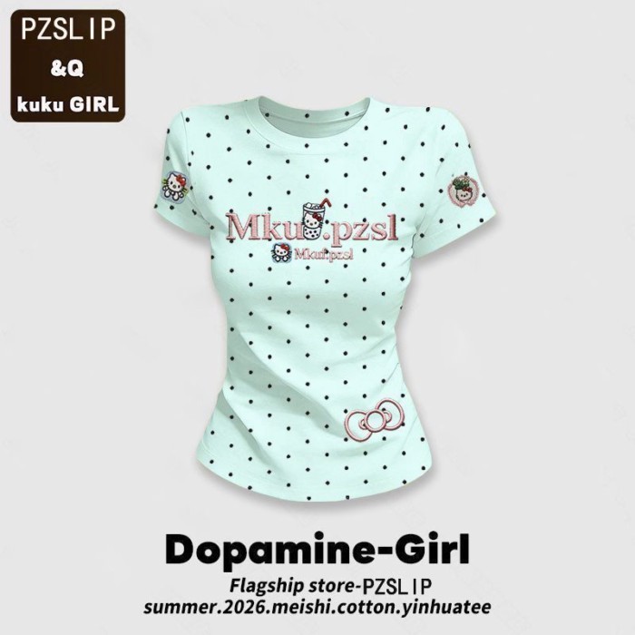 Áo thun ngắn tay cổ tròn chấm bi không bóng dành cho nữ mùa xuân hè xanh bạc hà dopamine slim fit t
