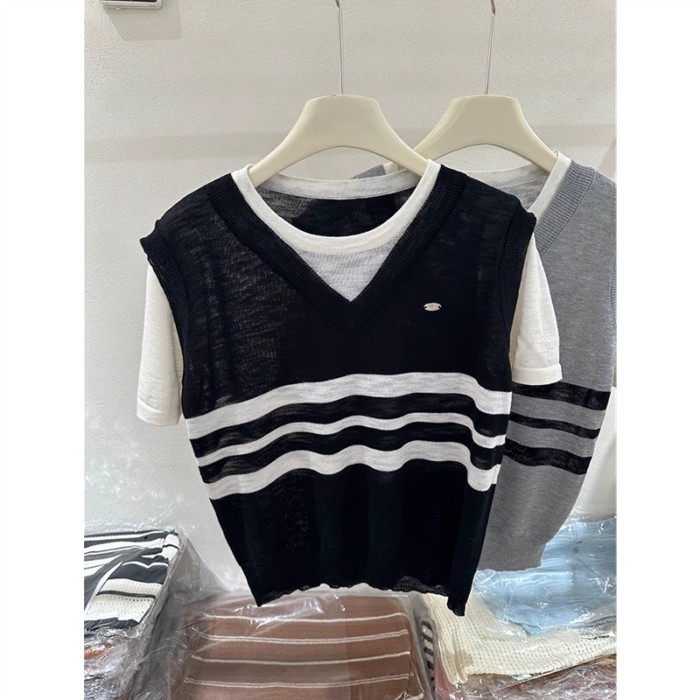 Áo vest nối màu tương phản phong cách đại học tay ngắn giả hai mảnh áo len mỏng giảm béo mùa hè dàn