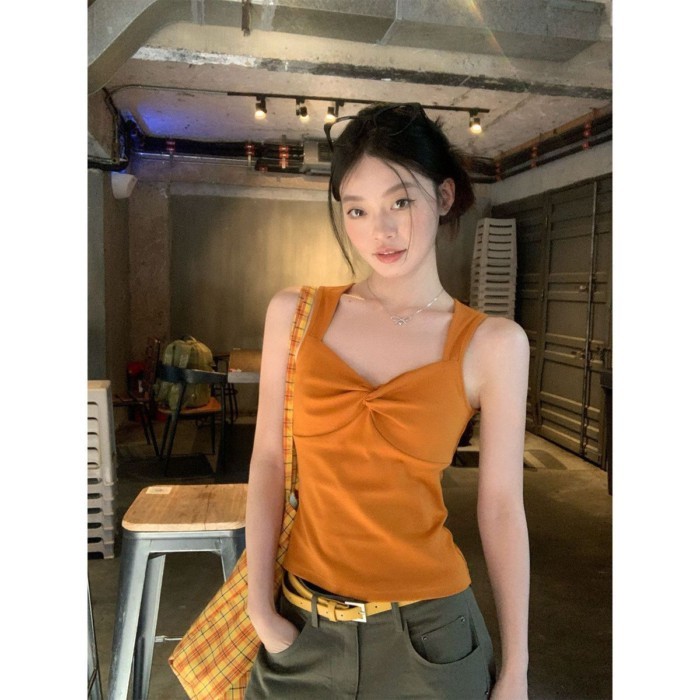Phong cách Hàn Quốc thiết kế xoắn màu cam ôm dáng ôm dáng cho nữ mùa hè mới ngọt ngào thời tr