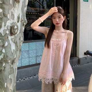 Màu hồng ngọt ngào áo sơ mi babydoll dáng rộng không tay có dây đeo nữ mùa hè mới thiết kế áo