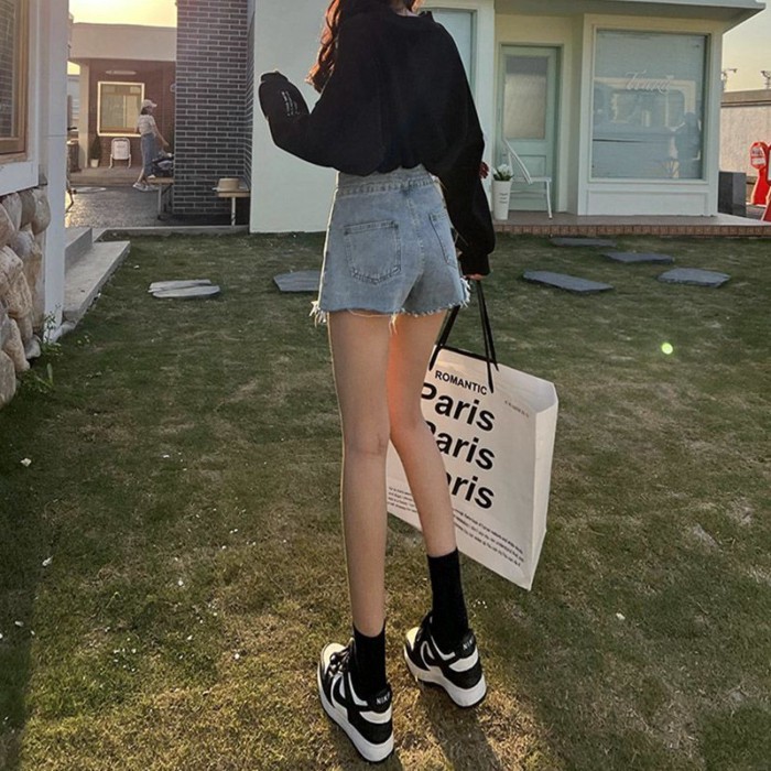 Quần short denim cạp cao thông thường dành cho nữ xuân hè 2023 Quần short chữ A dáng rộng ống