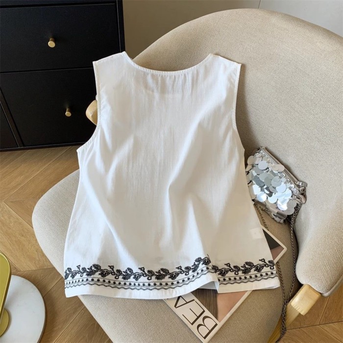 áo thun thêu bằng vải cotton và vải lanh công nghiệp nặng phong cách Trung Quốc mùa hè thời tran