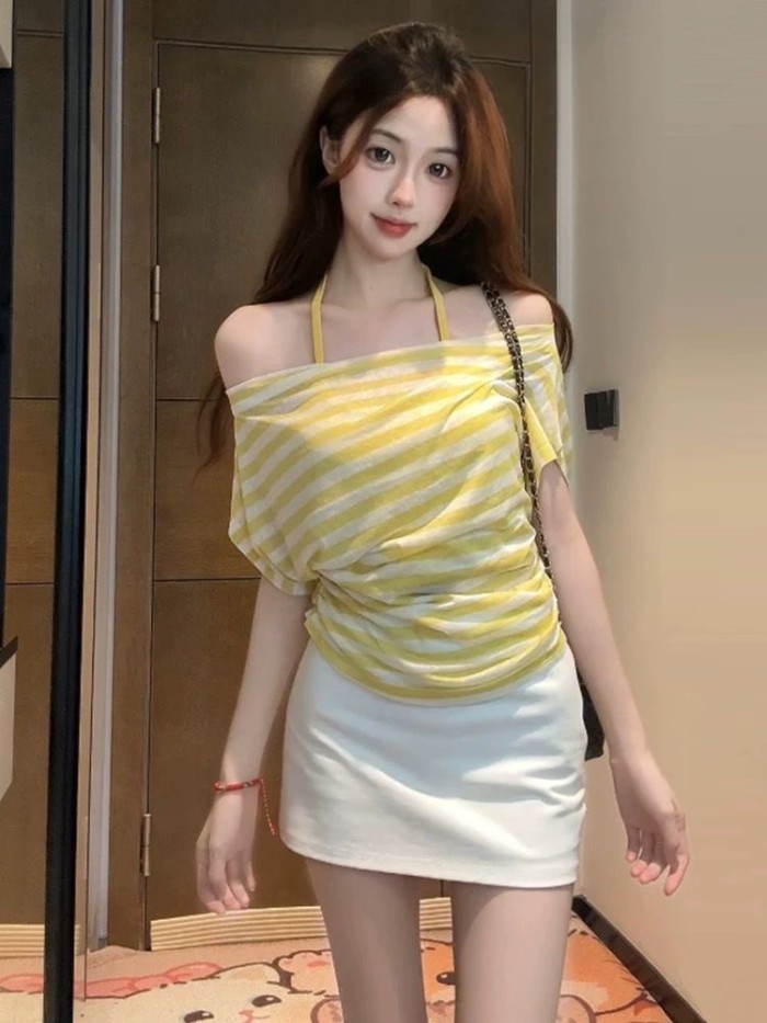 áo thun hai dây giả sọc lệch vai ngắn tay thon gọn hàng đầu áo thun giảm béo mùa hè mới
