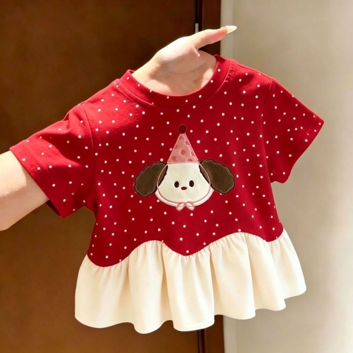 mùa hè phong cách mới phong cách hoạt hình bé gái và trẻ em Áo thun ngắn tay in hình cún con dễ